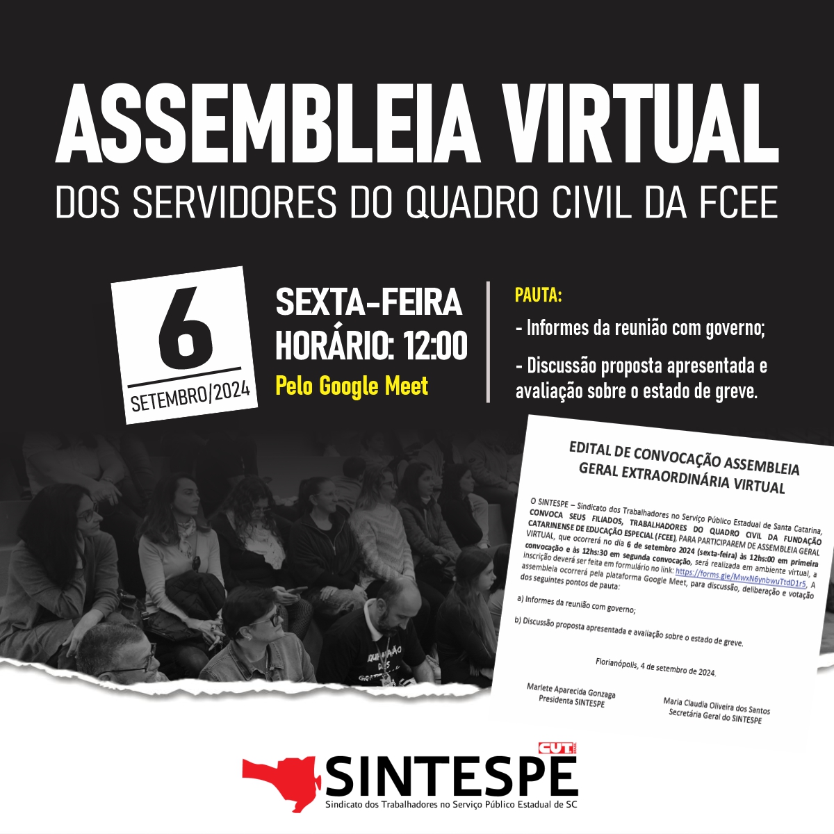 SINTESPE convoca servidores da FCEE à Assembleia Geral virtual nesta sexta (6)