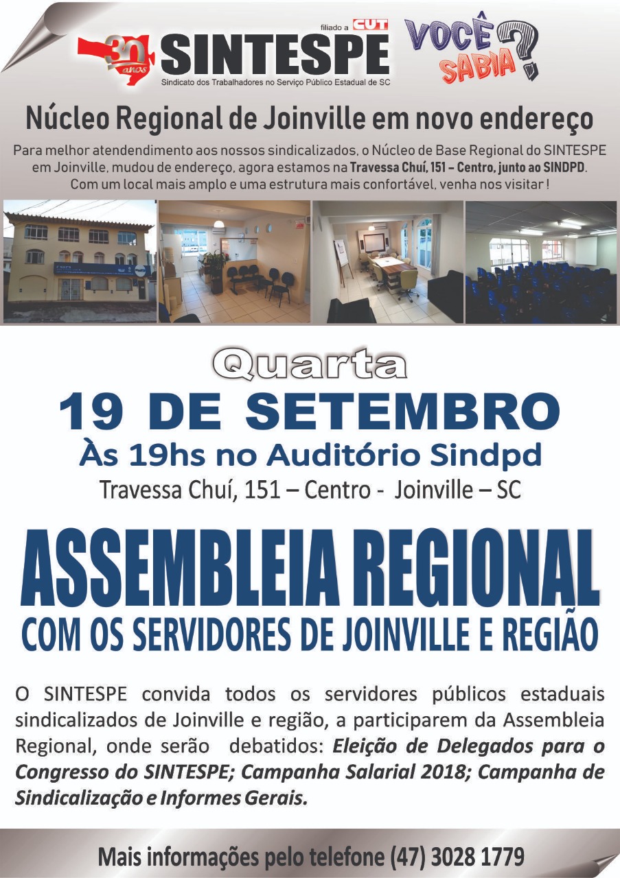 Joinville: Núcleo em novo endereço e chamado para Assembleia Regional