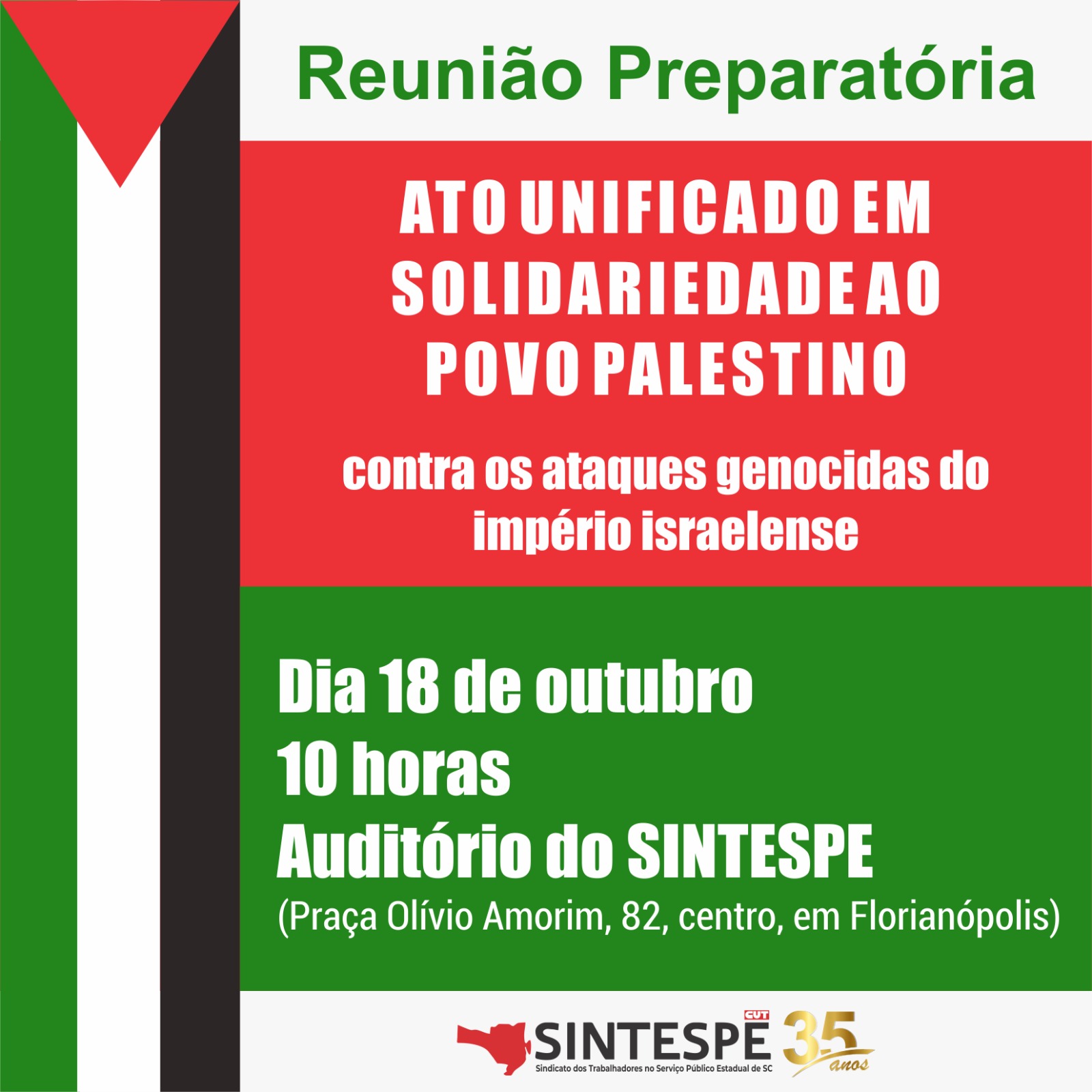 Dia 18 tem reunião preparatória de Ato unificado em solidariedade ao povo palestino