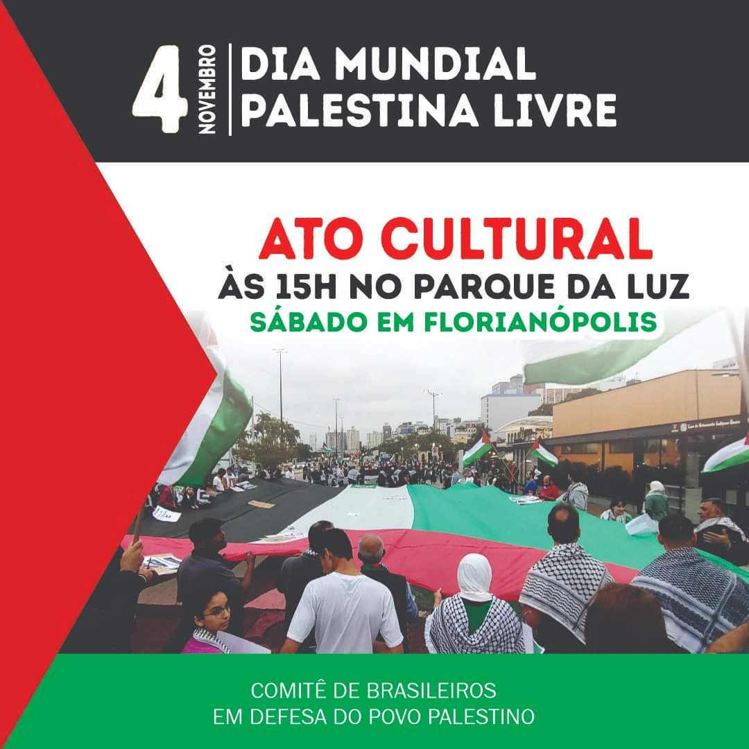 Dia Mundial Palestina Livre: Ato Público Cultural no dia 4 de novembro, em Florianópolis