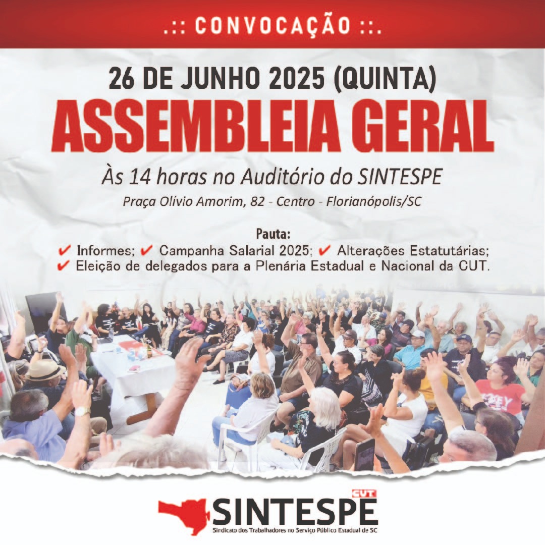 SINTESPE convoca ASSEMBLEIA GERAL da categoria dia 26 de junho