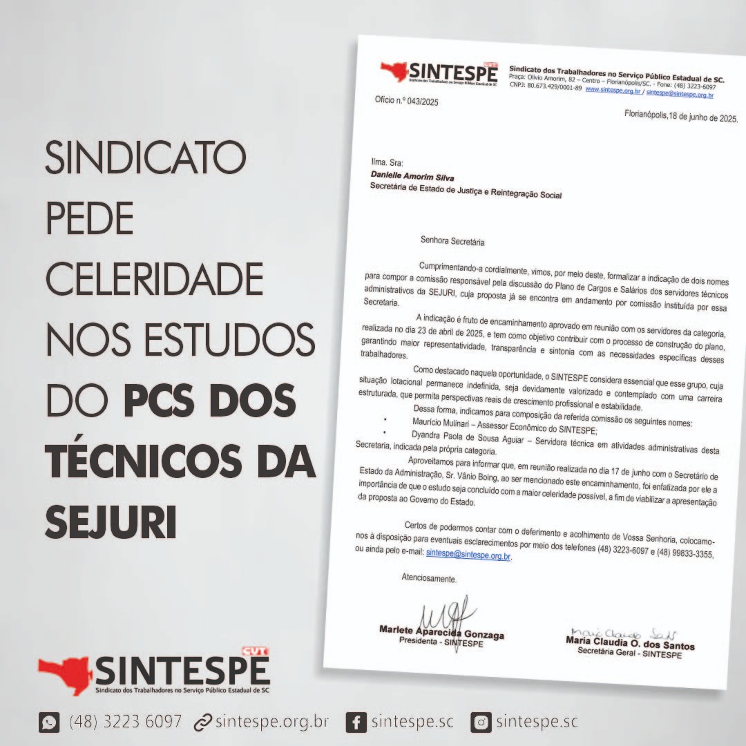 SEJURI: SINTESPE pede celeridade na conclusão do PCS para técnicos